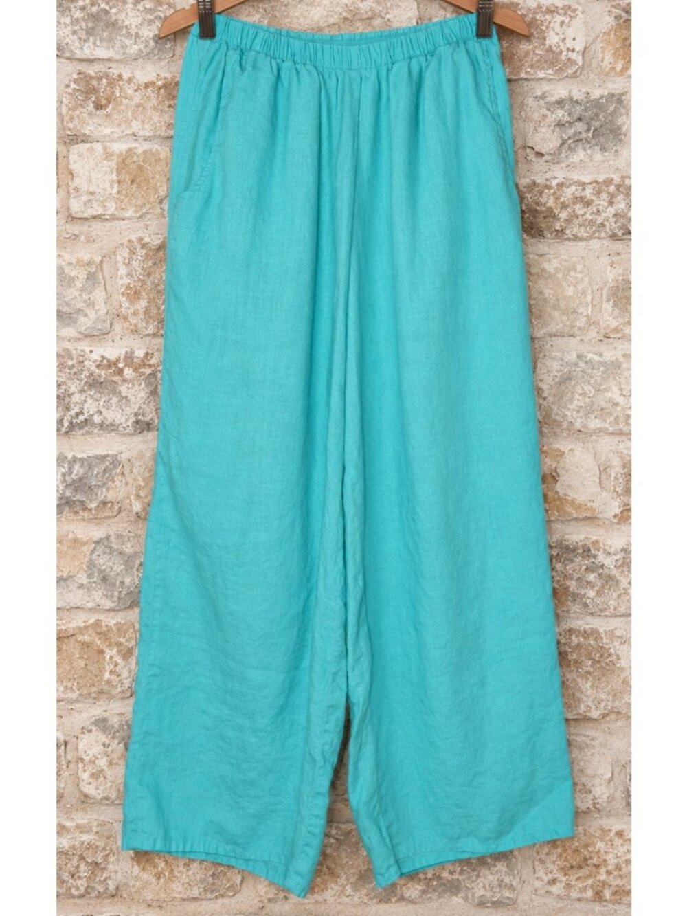 FLAX P XS 100% Linen Cropped Capri Pants Slacks Wide Turquoise Elastic Pockets